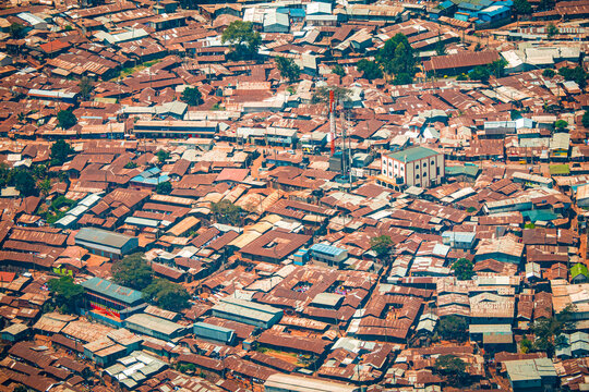 Aerial view of corrugated iron huts at the Nairobi downtown Kibera slum neighborhood, Nairobi, Kenya, East Africa, one of the largest slums in Africa
