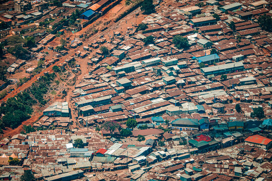Aerial view of corrugated iron huts at the Nairobi downtown Kibera slum neighborhood, Nairobi, Kenya, East Africa, one of the largest slums in Africa