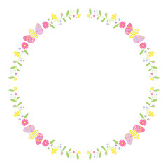 Easter eggs round frame with floral decor. Floral holiday vector illustration