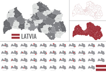 Detailed vector map of regions of Latvia with flag - obrazy, fototapety, plakaty