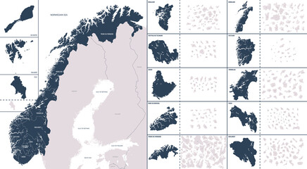 Vector color detailed map of Norway with the administrative divisions of the country, each Counties and Dependent territory is presented separately and divided into municipalities