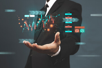 Businessman with statistic graph of stock market financial indices analysis