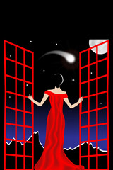 A woman in a stylish red gown opens French doors and observes a comet streaking across the night sky.