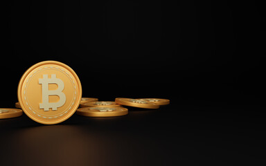 Bitcoin cryptocurrency black background with copy space use for banner, Investment trading. 3D BTC Blockchain Crypto currency Concept, gold Coins stacking 3d rendering.
