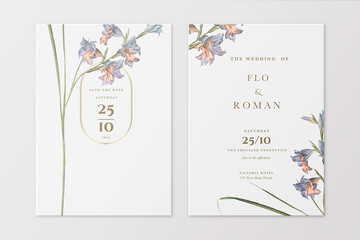 Vintage Wedding Invitation and Save the Date with Purple Flower