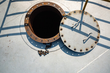 Manhole open lid stainless steel tank chemical methanol testing at front manhole tank stainless