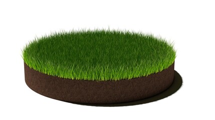 Round circle patch or island of short cut green grass on brown soil ground layer isolated on white background, spring or eco concept template element