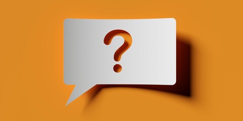 White speech bubble with question mark icon cut out over orange background, faq, help or answer concept