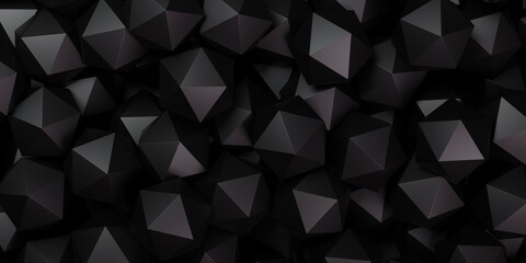 Heap of low poly sphere geometry primitives or icosahedrons on dark background flat lay top view from above, modern minimal abstract polygon background