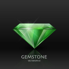 Vector Banner with 3d Realistic Green Transparent Gemstone, Diamond, Crystal, Rhinestones Closeup on Black. Jewerly Concept. Design Template, Clipart. Side View