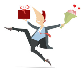 Fototapeta premium Running man holding a bunch of flowers and present box illustration. Heart symbol. Smiling man hurries to give to woman a bunch of flowers and a present isolated on white background 