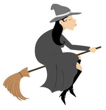 Beautiful woman witch flying on a broom.
Beautiful woman witch flying on a broom, pop art retro illustration. Halloween character isolated on a white background
