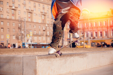 Blurred background jump with skateboarders on skateboards sunlight banner