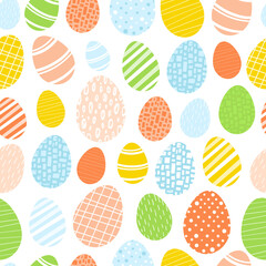 Easter pattern cute bright eggs with a variety of patterns. Seamless background. Spring holiday palette. Printing on fabric, napkins, postcards. Vector illustration, hand drawn