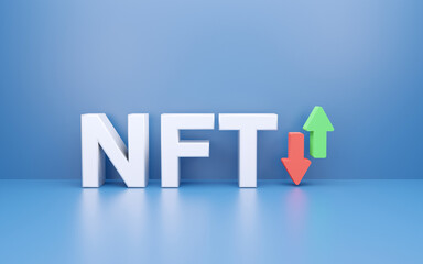 3D NFT - Non Fungible Tokens Cryptocurrency and arrow isolated on blue background, with reflection, nonfungible tokens concept, 3d rendering text,
