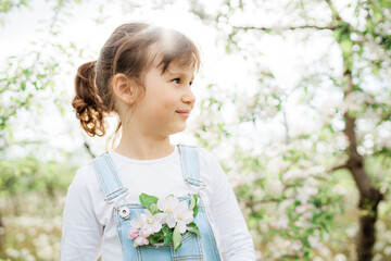 Little girl dressed in denim overalls, apple tree flowers in a pocket, blooming branch of an apple tree