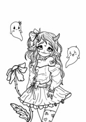 Cute cartoon character, a naughty girl vampire with long hair, in a short dress with a bow, charming fairytale creature with pointy ears and big eyes, with flying kind ghosts - funny angel and devil.