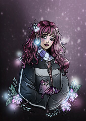 Charming cartoon schoolgirl close-up, cute magical girl with pointed ears and big eyes, with long hair and glowing flowers, fairytale character in a sports jacket with a tabby cat in her arms.