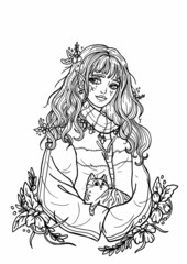 Charming cartoon schoolgirl close-up, cute magical girl with pointed ears and big eyes, with long hair and glowing flowers, fairytale character in a sports jacket with a tabby cat in her arms.