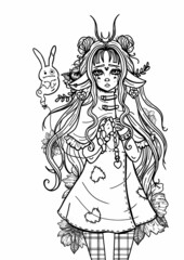 Magic girl with long hair and a sad face, in big heart-shaped earrings with fairytale creature with balloon or ghost-hare on a rope in hand, a kind cartoon fantasy character with big ears and eyes.