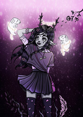 Cute cartoon character with long fluttering in the wind hair in short skirt with a kind ghosts-dogs. Pretty girl with pale skin and horns, with big eyes and plump lips, in blouse with shoulder bag.