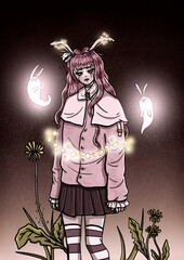 Cartoon girl with bunny ears and long hair in a jacket with a big collar. Fairytale character in skirt and striped knee socks, surrounded large dandelions, flying magic stones and kind ghostly rabbits