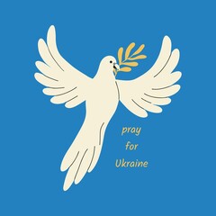 A symbol of peace. Dove with olive branch on blue. The concept of the world. Bird boho naive hand drawn style. Flat design, cartoon, vector illustration. All elements are isolated.