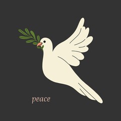 A symbol of peace. Dove with olive branch on black. The concept of the world. Bird boho naive hand drawn style. Flat design, cartoon, vector illustration. All elements are isolated.