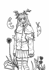 Fototapeta na wymiar Cartoon girl with bunny ears and long hair in a jacket with a big collar. Fairytale character in skirt and striped knee socks, surrounded large dandelions, flying magic stones and kind ghostly rabbits