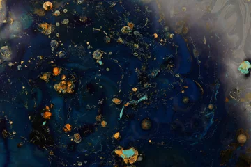 Deurstickers Macro Abstract bubble marble texture background. Acrylic gold and blue color in water and oil. © Liliia