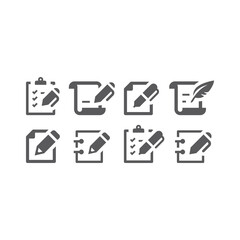 Document and pen black vector icon. Paper and pencil, quill filled symbol.