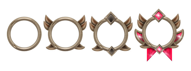 Stone game frame set, medieval level up user avatar circle, vector UI fantasy mobile app reward kit. fairy panel design element, RPG rock round ranking sign collection. Ancient game frame award icons