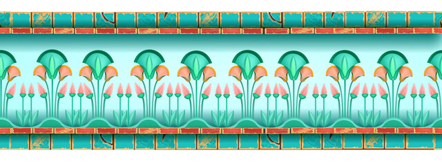 Egypt seamless border, Egyptian antique vector ornament, ancient lotus pattern, folk abstract background. Floral vintage nouveau design element Africa ethnic motif. Traditional Egypt stone tile border