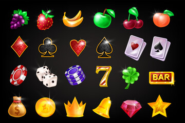 Casino slot game vector icon set, gambling machine UI badge kit, golden award crown, glossy fruit. Classic Vegas jackpot symbol, lucky bonus chips, playing cards, bar sign. Shiny 3D casino icon assets