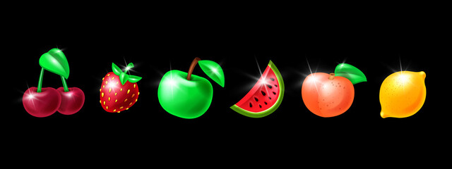 Casino slot fruit icon kit, vector game gambling machine badge set, glossy fresh apple, cherry, strawberry. 3D lucky win delicious UI design elements, watermelon, peach, lemon. Isolated casino fruit