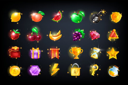 Casino slot icon set, vector game UI badge kit, gambling machine design elements, fruit, golden coin. Online mobile app clipart, cherry, green apple, winner cup, gift box, reward trophy. Casino icon