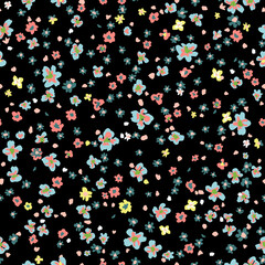 Fototapeta na wymiar Ditsy daisy seamless repeat pattern on black background. Random placed, vector flowers all over surface print.