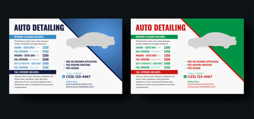 modern eddm postcard for car wash, car detailing and car rental, car service, and price list postcard, automobile car service price list postcard