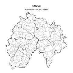 Map of the Geopolitical Subdivisions of The Département Du Cantal Including Arrondissements, Cantons and Municipalities as of 2022 - Auvergne Rhône Alpes - France