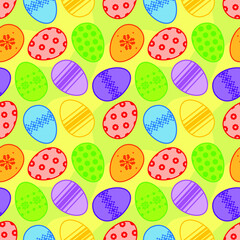 Multi-colored Easter eggs with patterns on a yellow background with stains. Seamless pattern, print. Vector illustration