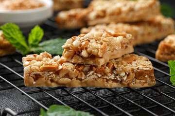 Roasted Peanuts butter Cereal Bars with nuts, oat and honey. Healthy Protein snack
