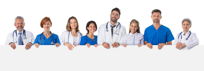 Medical team holding blank billboard - Powered by Adobe