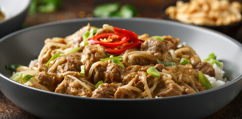 Thai style peanut pork with bean sprouts and rice. Asian food