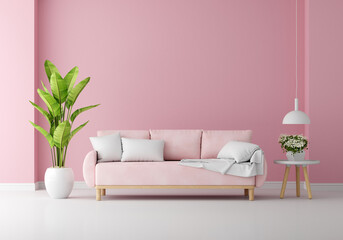 Fototapeta na wymiar Pink sofa in pink living room with free space for mockup, 3D rendering
