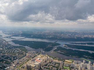 High flight over Kiev. Cloudy day. Aerial drone view.