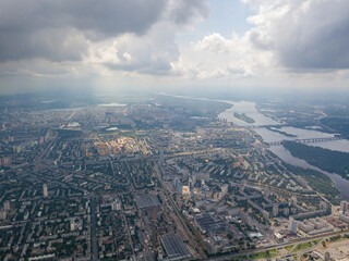 High flight over Kiev. Cloudy day. Aerial drone view.