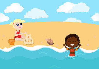 Obraz na płótnie Canvas The girl is sitting on the seashore, and the other is standing in the sea and rejoices. On the beach there is a sand castle and shells. Illustration in cartoon flat style. 