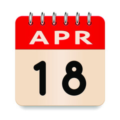 18 day of the month. April. Flip old formal calendar daily icon. Date day week Sunday, Monday, Tuesday, Wednesday, Thursday, Friday, Saturday. Cut paper. White background. Vector illustration. 3d