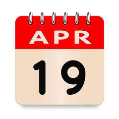 19 day of the month. April. Flip old formal calendar daily icon. Date day week Sunday, Monday, Tuesday, Wednesday, Thursday, Friday, Saturday. Cut paper. White background. Vector illustration. 3d