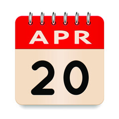 20 day of the month. April. Flip old formal calendar daily icon. Date day week Sunday, Monday, Tuesday, Wednesday, Thursday, Friday, Saturday. Cut paper. White background. Vector illustration. 3d